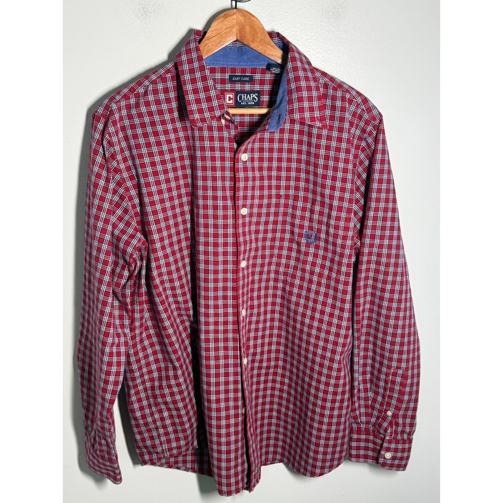 Chaps Mens Red Plaid Easy Care Long Sleeve Button Down Shirt Size Large